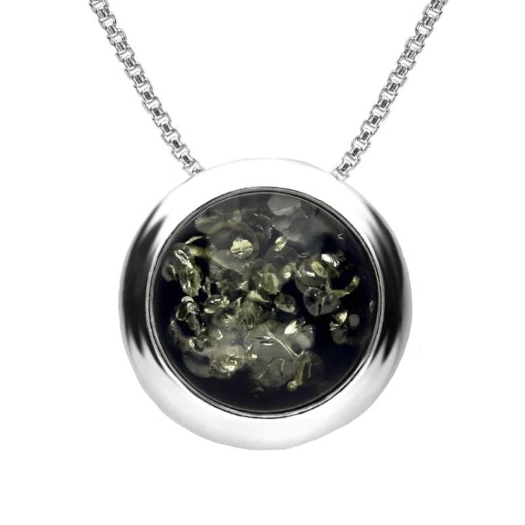 Sterling Silver Green Amber Round Ribbed Edge Necklace