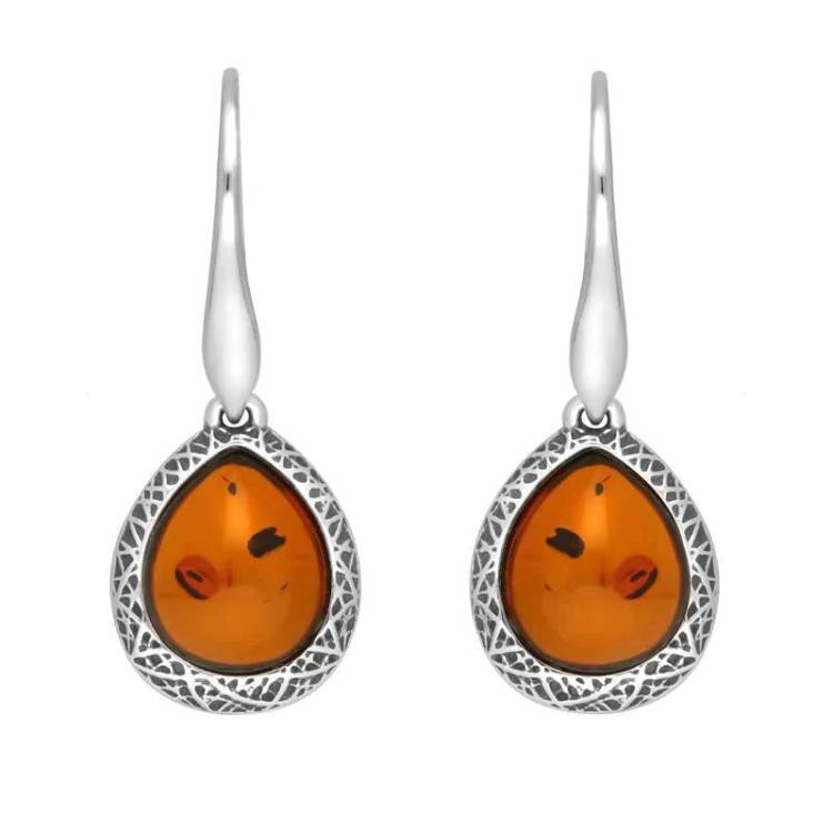 Sterling Silver Cognac Amber Basket Weave Edge Pear Hook Earrings