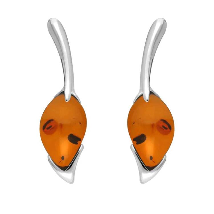 Sterling Silver Amber Pear Wave Top Drop Earrings - Silver