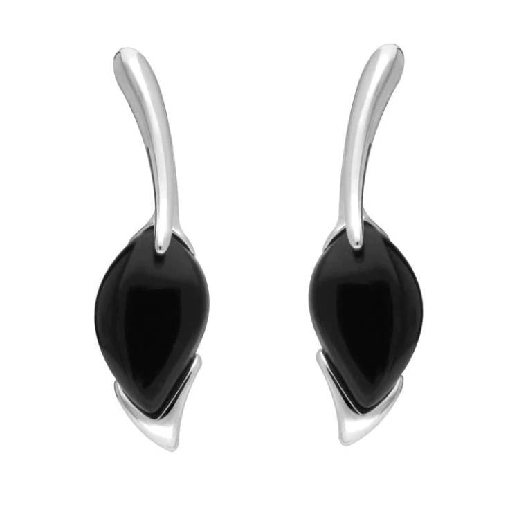 Sterling Silver Whitby Jet Pear Wave Top Drop Earrings - Silver