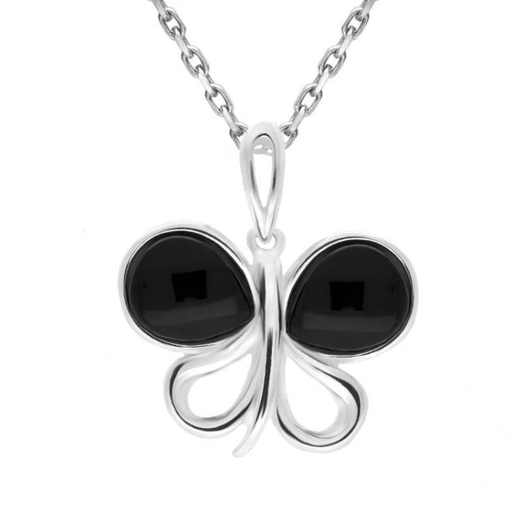 Sterling Silver Whitby Jet Two Stone Butterfly Necklace