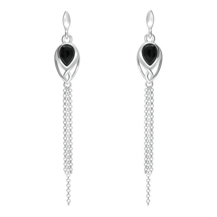 Sterling Silver Whitby Jet Celtic Pear Chain Drop Earrings