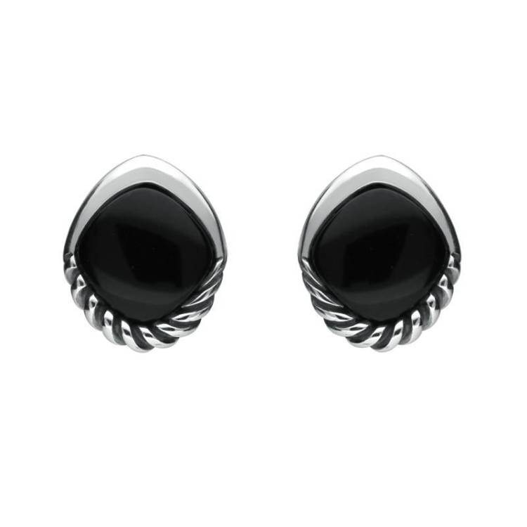 Sterling Silver Whitby Jet Diamond Rope Bottom Stud Earrings