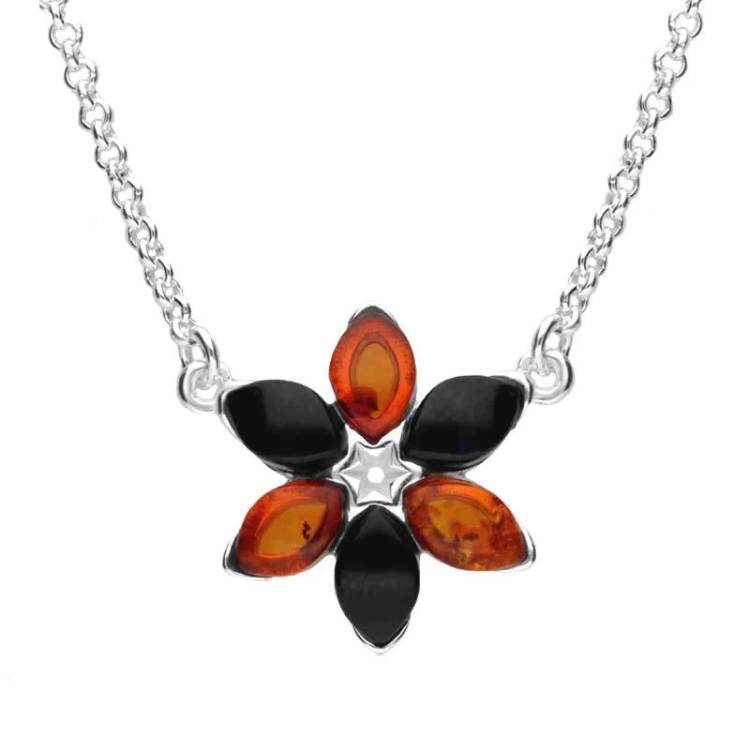 Sterling Silver Whitby Jet Amber Flower Necklace - Silver