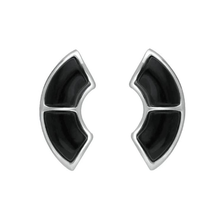 Sterling Silver Whitby Jet Two Stone Oblong Stud Earrings - Silver