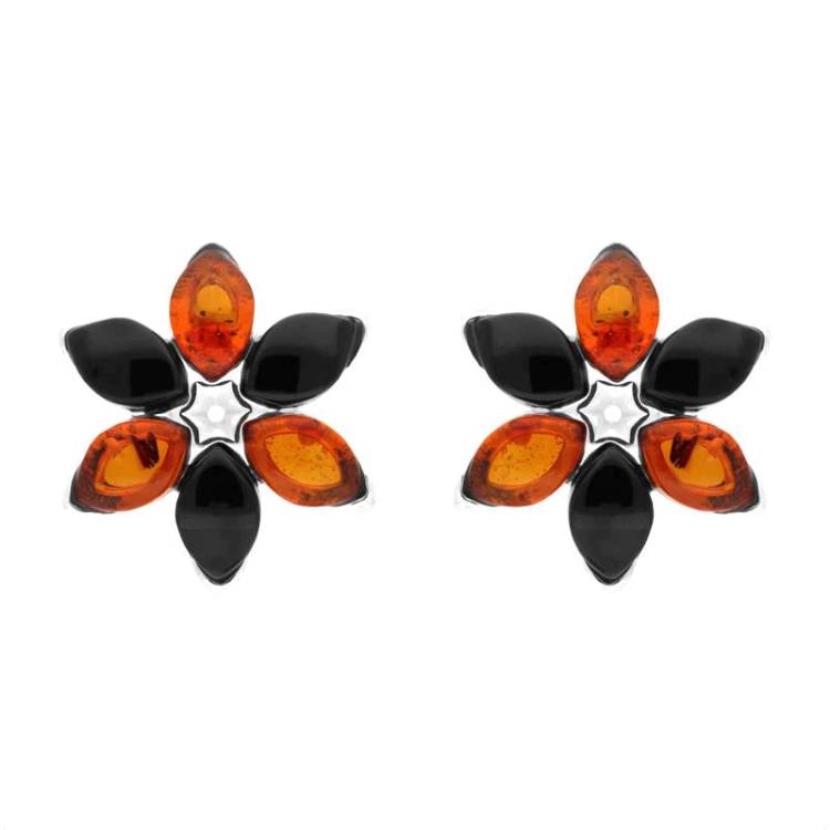 Sterling Silver Whitby Jet Amber Flower Stud Earrings