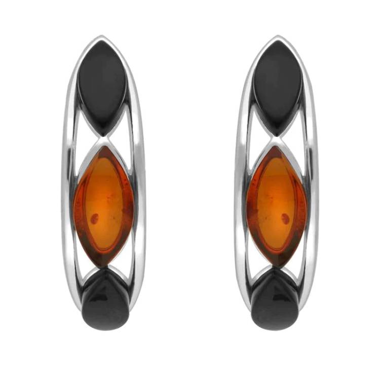 Sterling Silver Whitby Jet Amber Marquise Curved Hoop Earrings