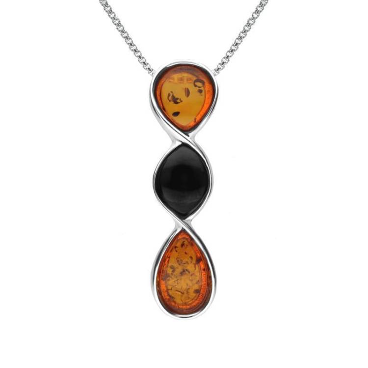 Sterling Silver Whitby Jet Amber Three Stone Pear Twist Necklace