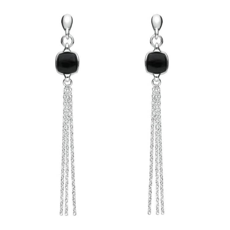 Sterling Silver Whitby Jet Square Chain Drop Earrings