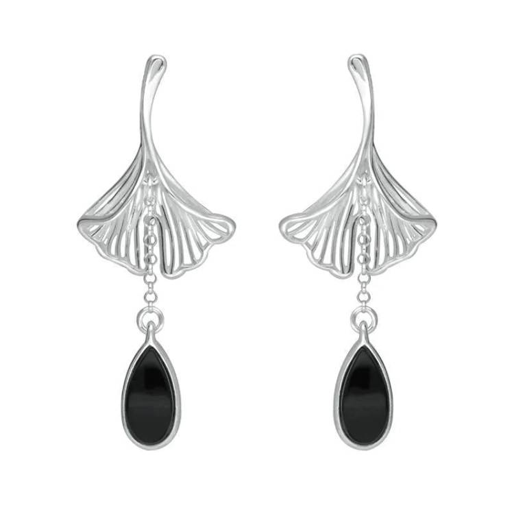 Sterling Silver Whitby Jet Teardrop Ginkgo Biloba Leaf Drop Earrings