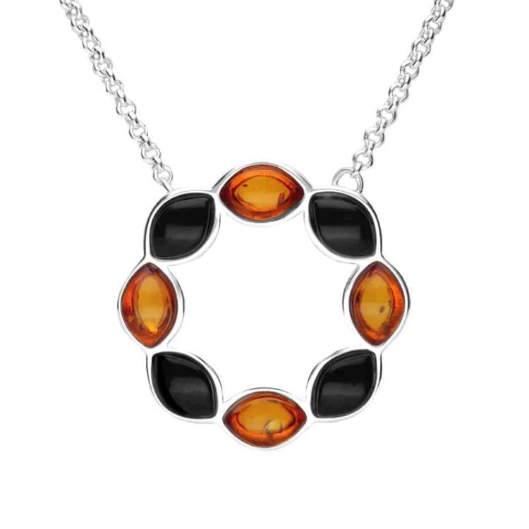 Sterling Silver Whitby Jet Amber Eight Stone Marquise Circle Necklace