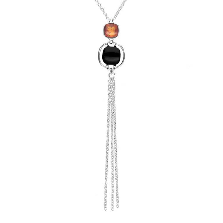 Sterling Silver Whitby Jet Amber Two Stone Square Necklace
