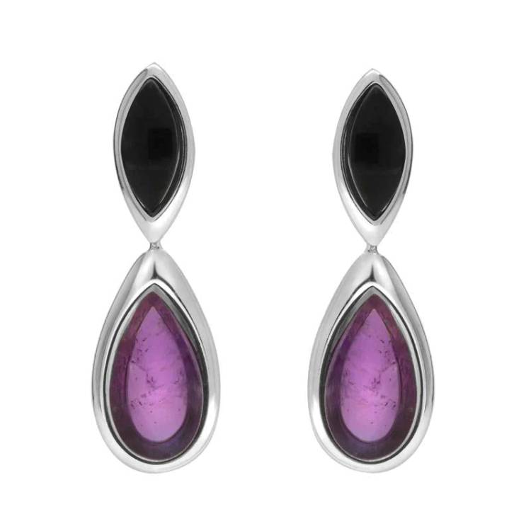 Sterling Silver Whitby Jet Amethyst Two Stone Marquise Pear Drop Earrings - Silver