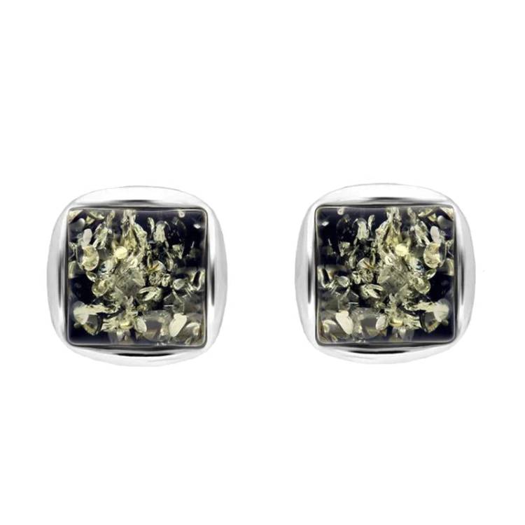 Sterling Silver Green Amber Square Stud Earrings