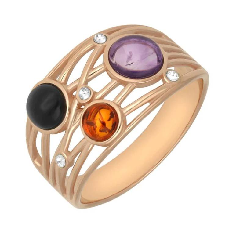 Rose Gold Plated Sterling Silver Whitby Jet Amethyst Amber Bubble Ring - L