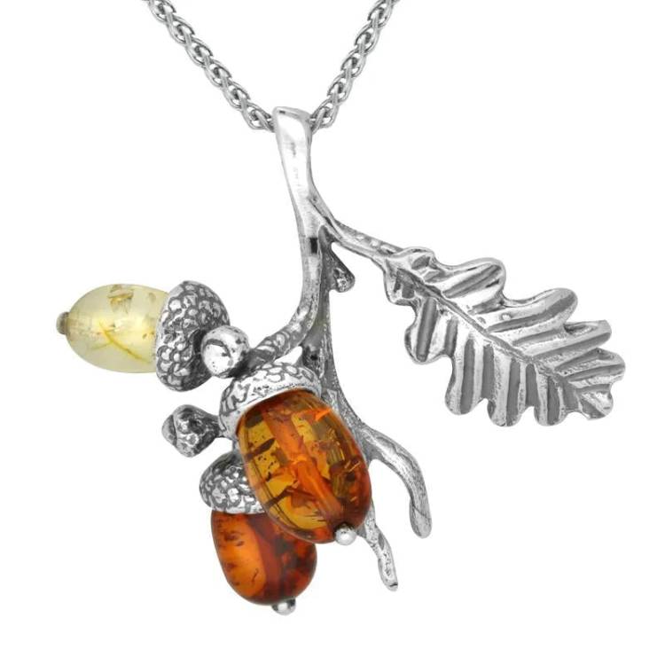 Sterling Silver Amber Triple Acorn and Leaf Necklace - Silver