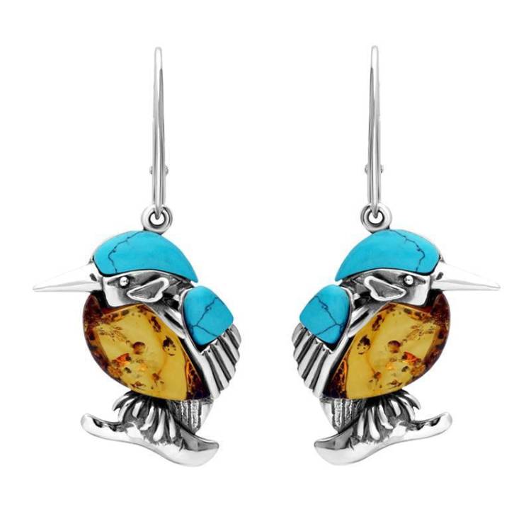 Sterling Silver Amber Turquoise Kingfisher Hook Drop Earrings