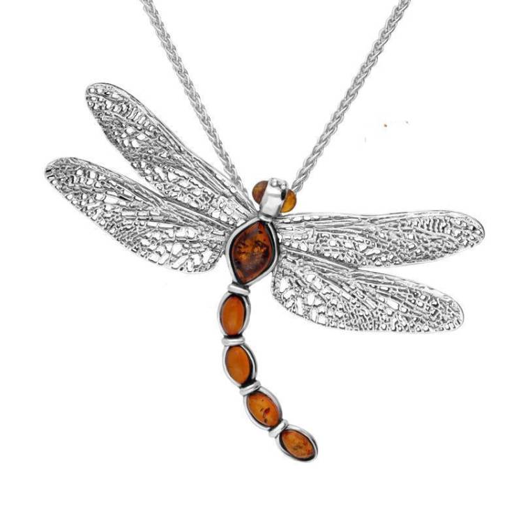 Sterling Silver Amber Dragonfly Necklace
