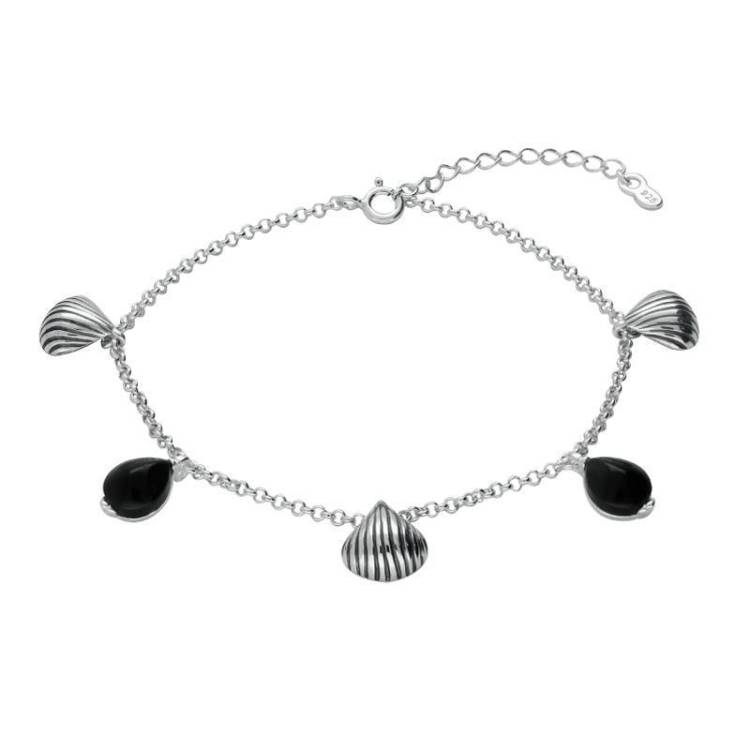 Sterling Silver Whitby Jet Shell Stone Pear Bracelet