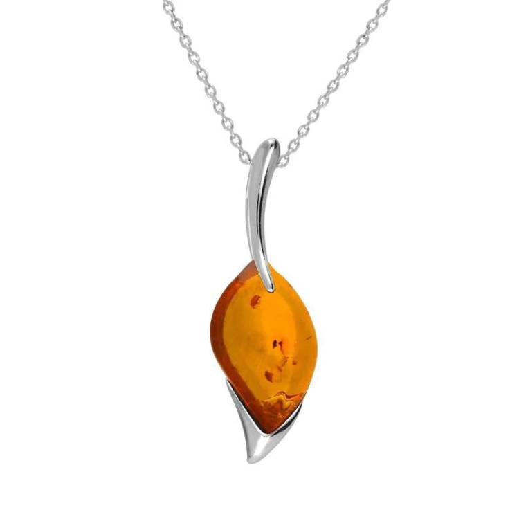 Sterling Silver Amber Marquise Wave Top Necklace - Silver