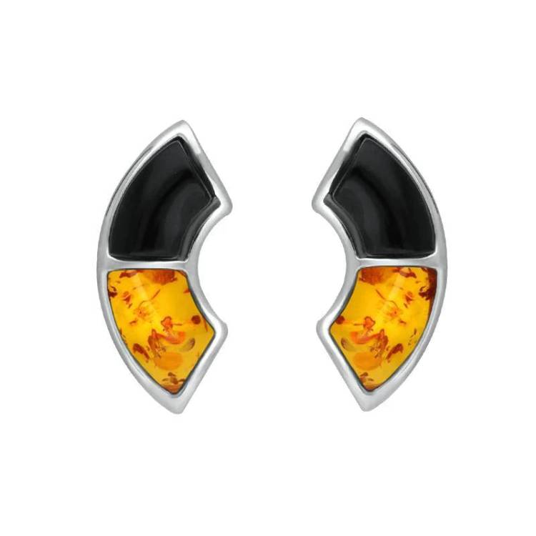 Sterling Silver Whitby Jet Amber Two Stone Oblong Stud earrings - Silver