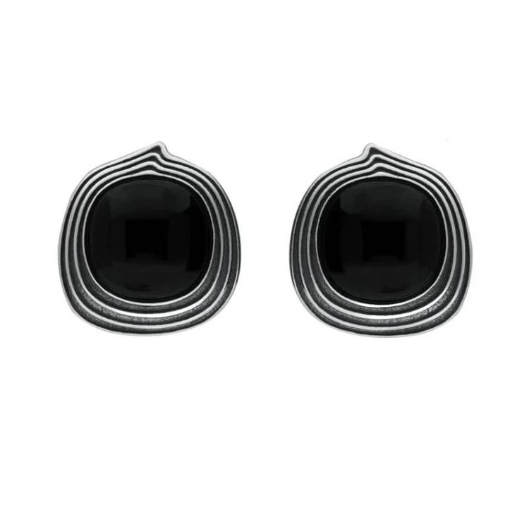 Sterling Silver Whitby Jet Cushion Stone Pattern Edge Stud Earrings