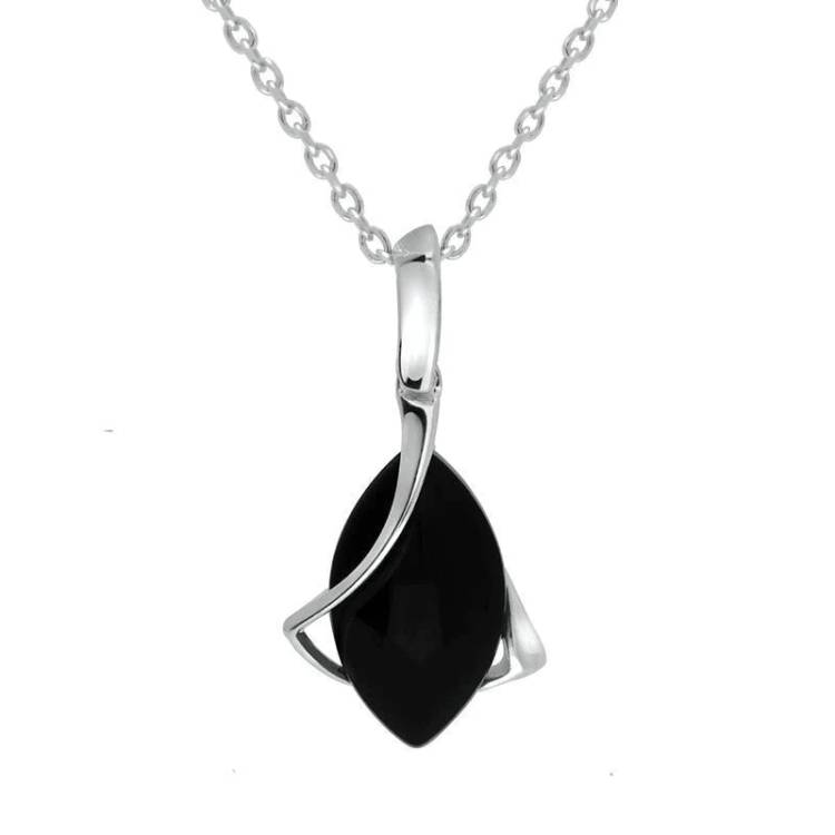 Sterling Silver Whitby Jet Marquise Open Twist Edge Necklace