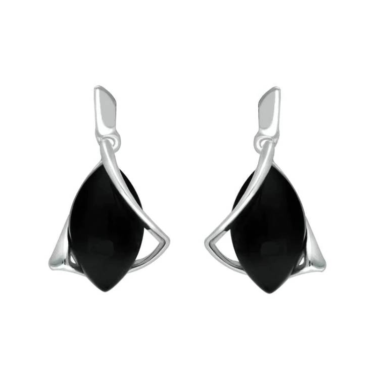 Sterling Silver Whitby Jet Marquise Open Twist Edge Drop Earrings