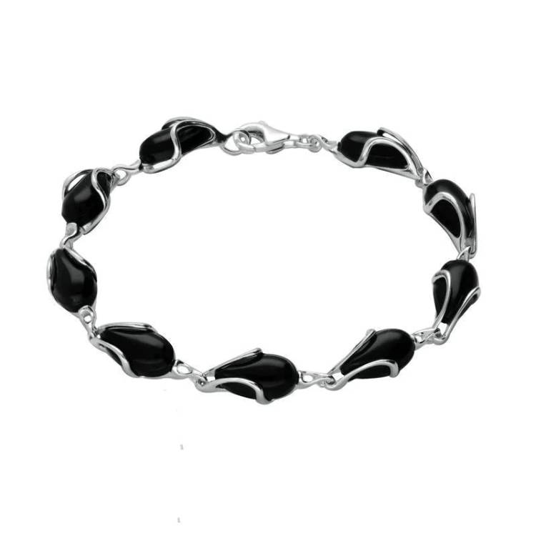 Sterling Silver Whitby Jet 9 Stone Pear Wave Edge Bracelet