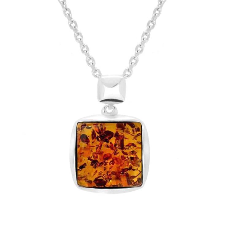 Sterling Silver Orange Amber Square Necklace - Silver