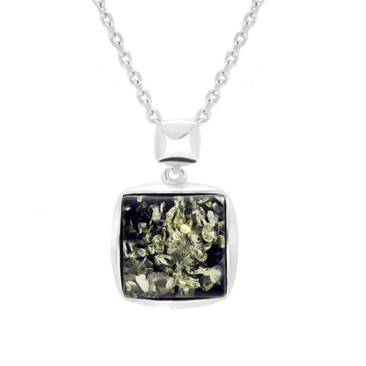 Sterling Silver Green Amber Square Necklace - Silver