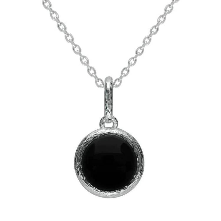 Sterling Silver Whitby Jet Round Stone Brushed Edge Necklace