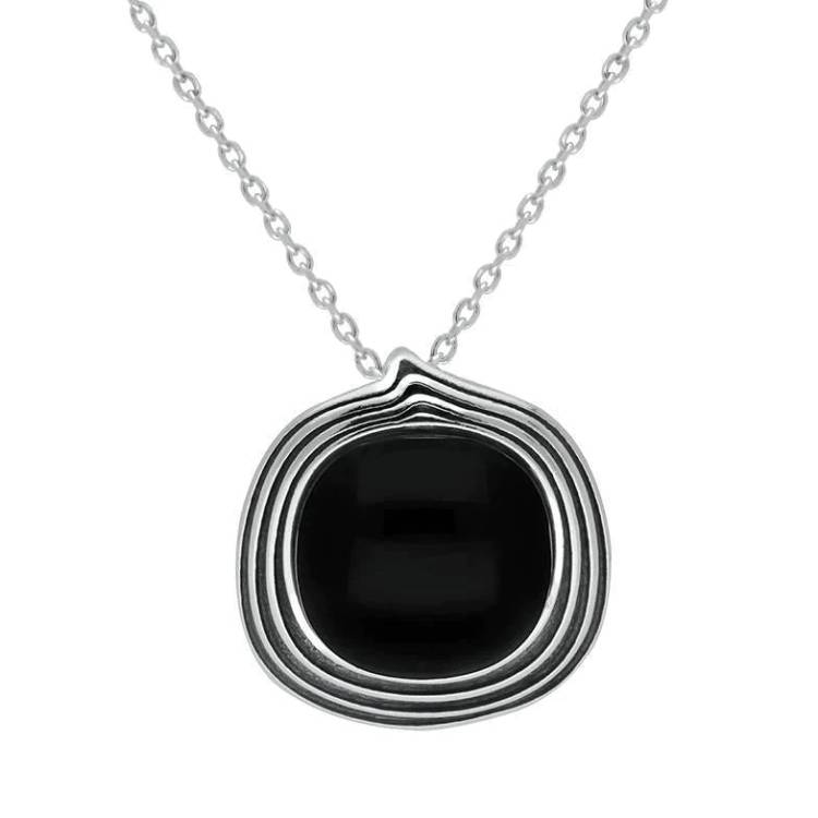 Sterling Silver Whitby Jet Cushion Stone Pattern Edge Necklace