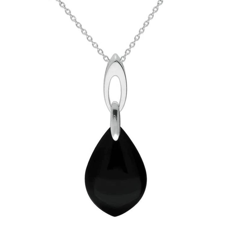 Sterling Silver Whitby Jet Pear Stone Open Bale Necklace