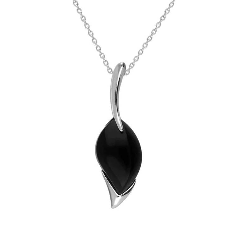 Sterling Silver Whitby Jet Marquise Wave Top Necklace - Silver