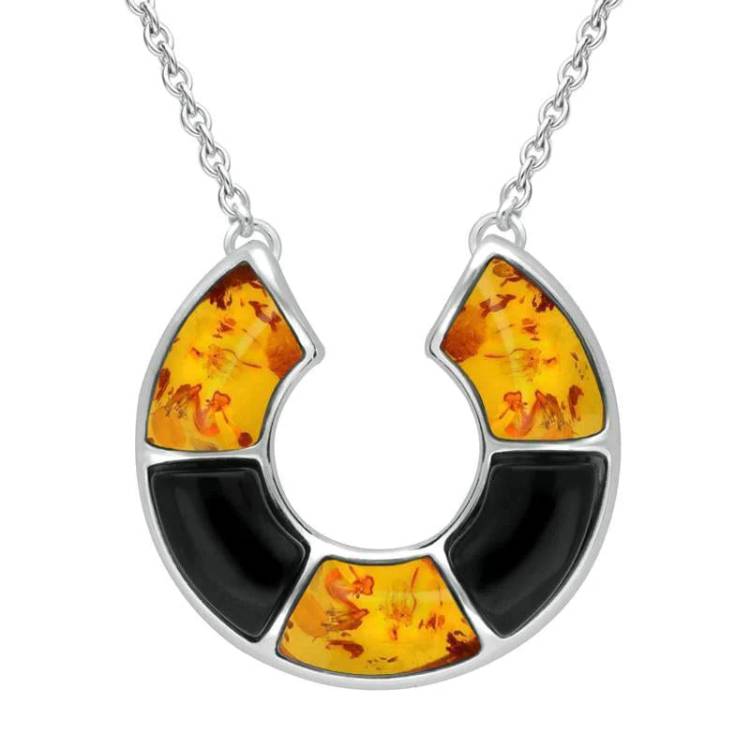 Sterling Silver Whitby Jet Amber Five Stone Circle Necklace - Silver