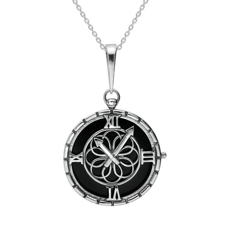 Sterling Silver Whitby Jet Round Clock Necklace