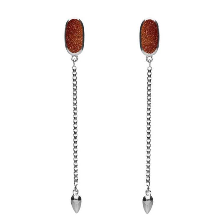 Sterling Silver Brown Goldstone Lineaire Long Drop Stud Earrings