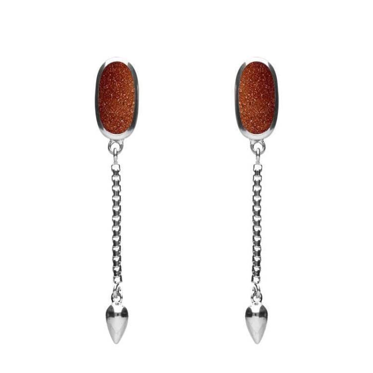 Sterling Silver Brown Goldstone Lineaire Medium Drop Stud Earrings