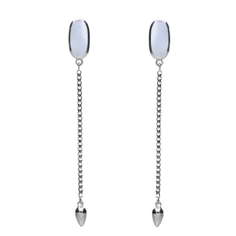Sterling Silver Chalcedony Lineaire Long Drop Stud Earrings