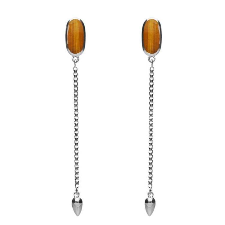 Sterling Silver Tigers Eye Lineaire Long Drop Stud Earrings