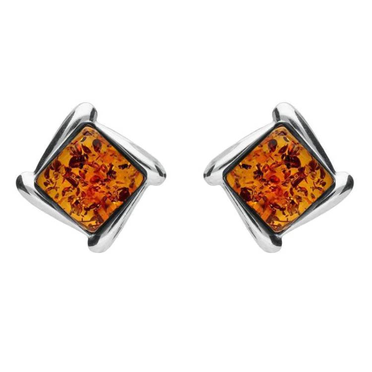 Sterling Silver Amber Square Wave Stud Earrings - Silver