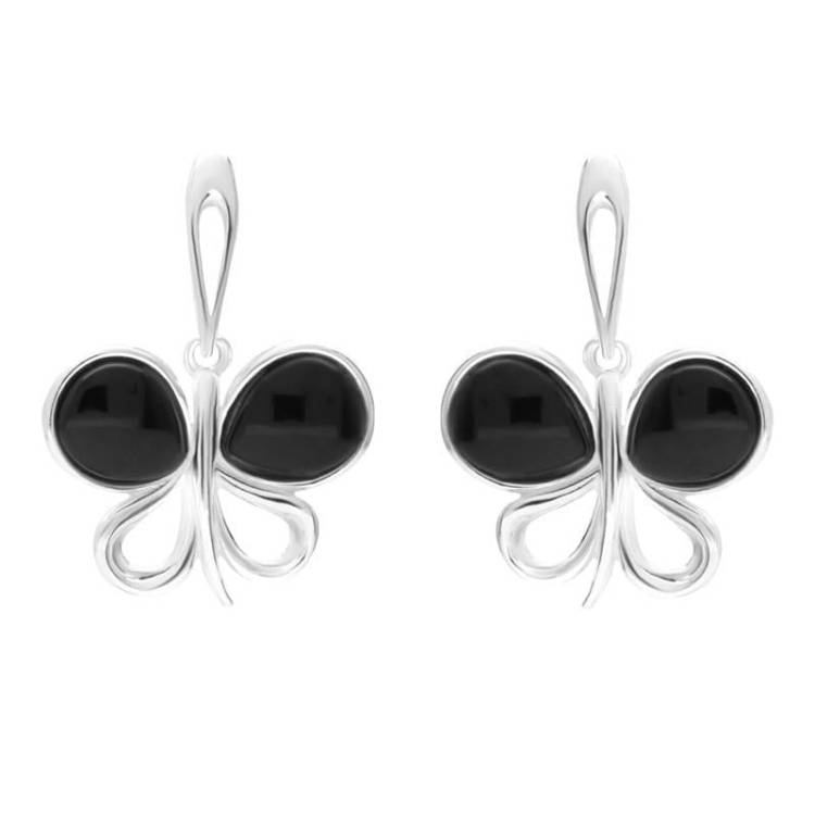 Sterling Silver Whitby Jet Two Stone Butterfly Drop Earrings