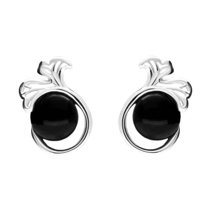 Sterling Silver Whitby Jet Ginkgo Biloba Leaf Stud Earrings
