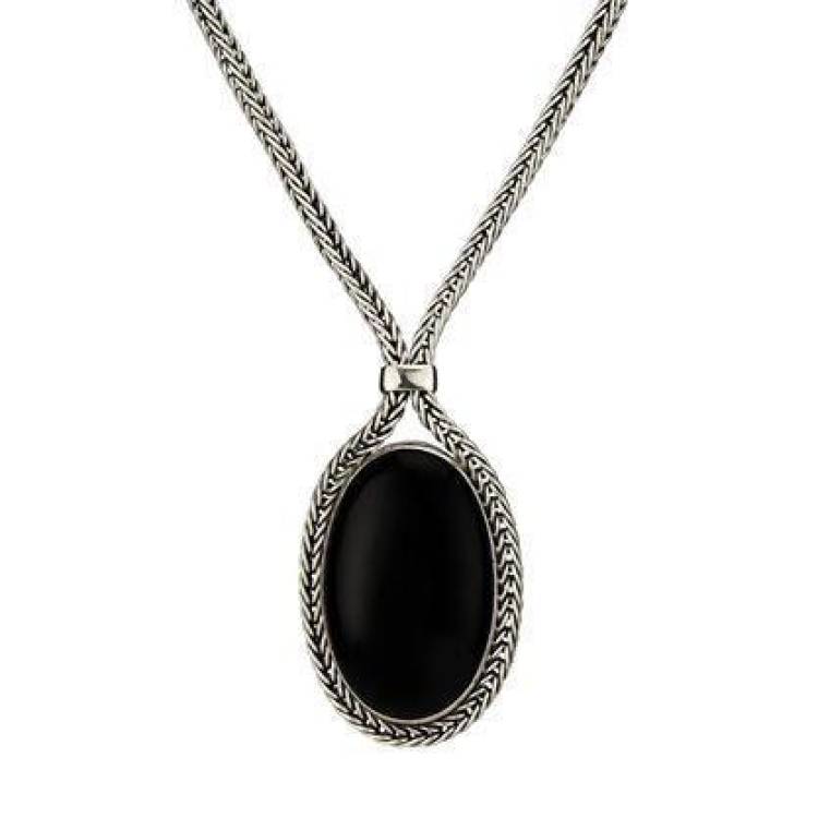 Sterling Silver Whitby Jet Foxtail Large Oval Necklace - Silver