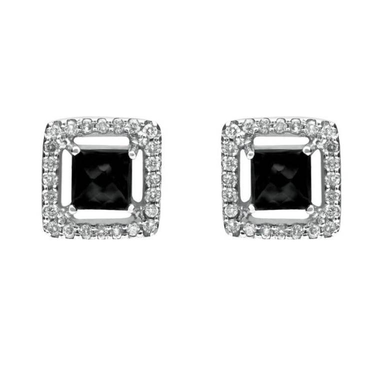 18ct White Gold Whitby Jet 0.38ct Diamond Faceted Square Earrings - White Gold