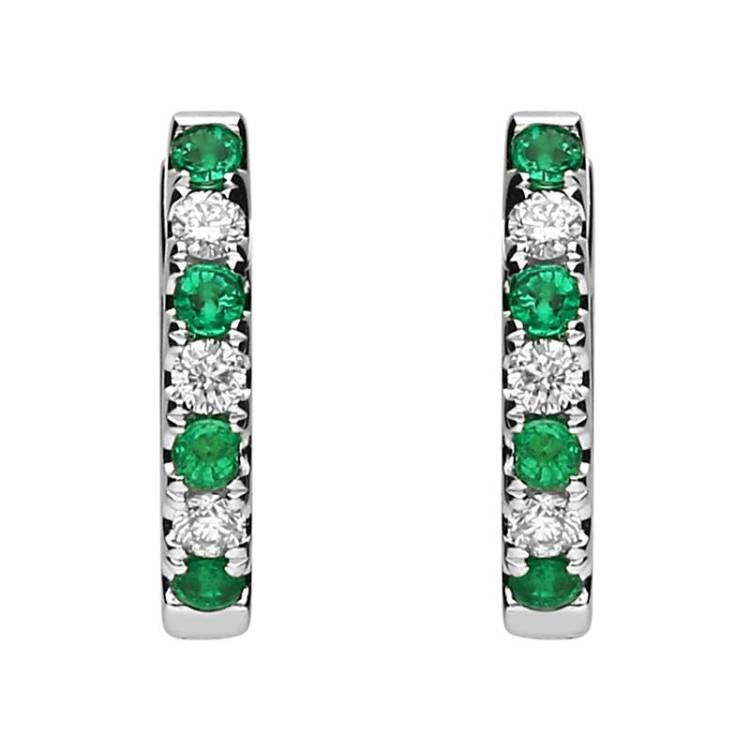 18ct White Gold Emerald and Diamond Huggie Hoop Earrings - White Gold