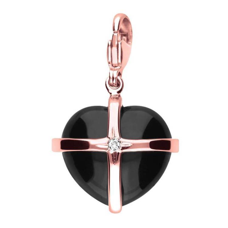 18ct Rose Gold Whitby Jet One Diamond Large Cross Heart Charm - Option1 Value Rose Gold
