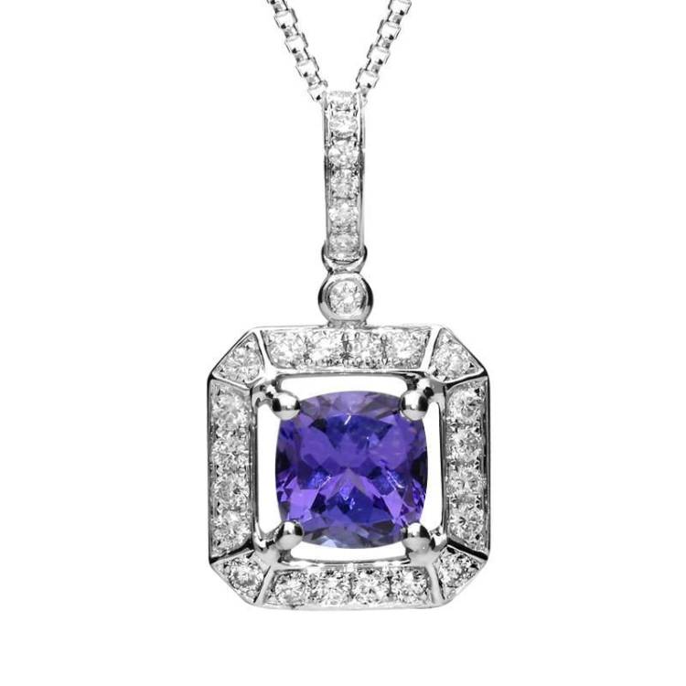 18ct White Gold 1.65ct Tanzanite 0.43 Carat Diamond Cluster Necklace - White Gold