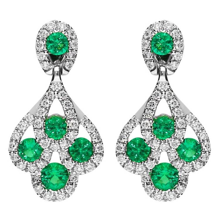 18ct White Gold Emerald and Diamond Peacock Earrings